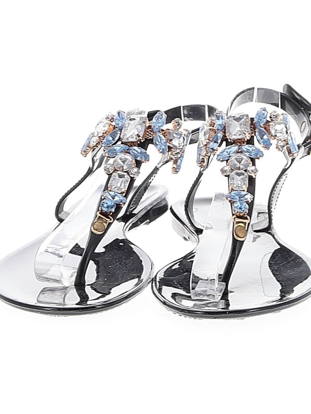 Qupid Black T-Strap Sandals with Blue and Clear Crystal Accents